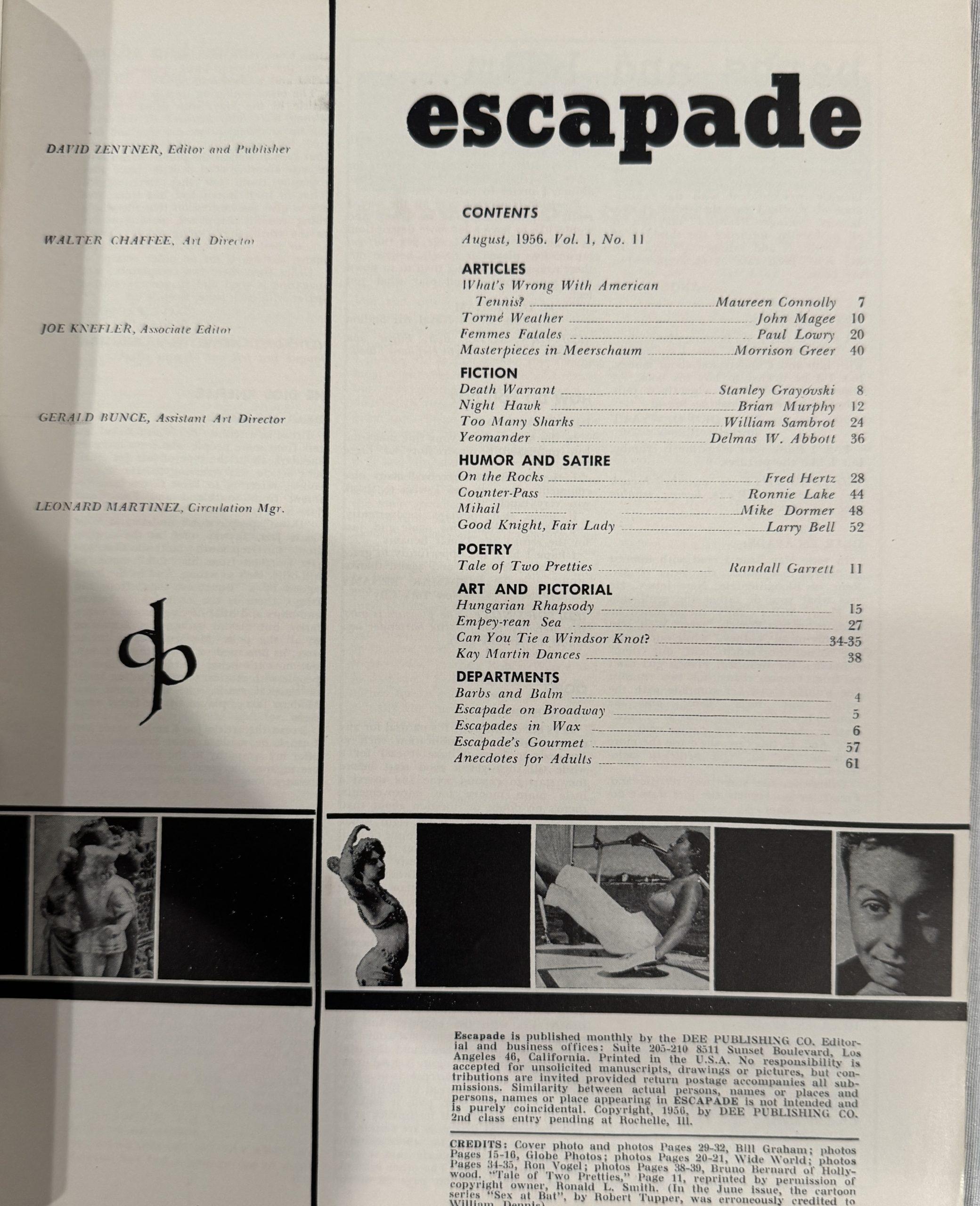 Escapade August 1956 Pin-Up Magazine *Zsa Zsa Gabor & Maureen Connolly* - Image 2